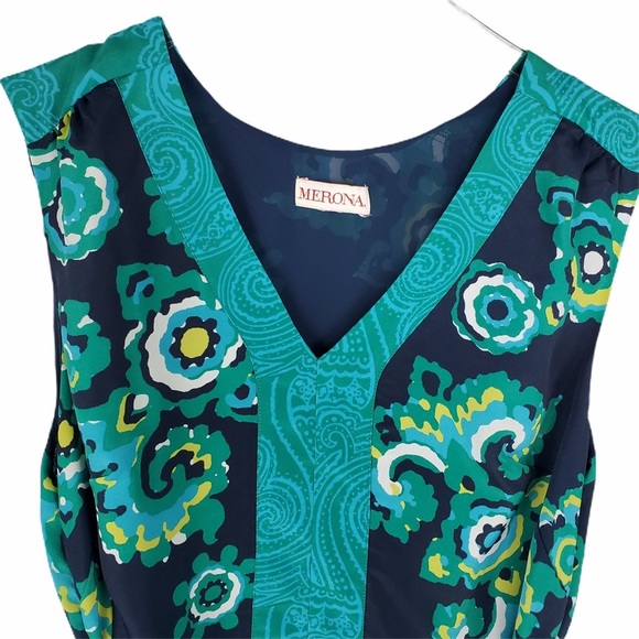 Merona Boho Tie Waist V Neck Sleeveless Midi Dress Medium Green Blue - Picture 3 of 6